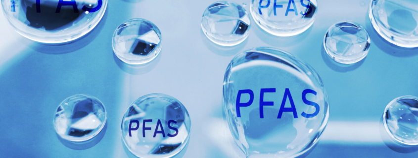Illustration of PFAS &ldquo;forever chemicals&rdquo; represented as transparent water droplets labeled PFAS, symbolizing contamination in drinking water.